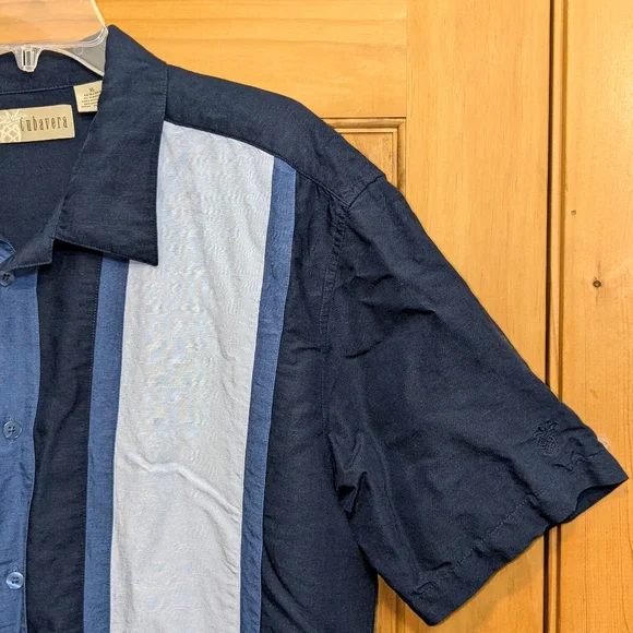 Cubavera Men's XL Shirt Striped Button Up Short Sleeve Camp Cuban Blue Linen - Picture 5 of 8